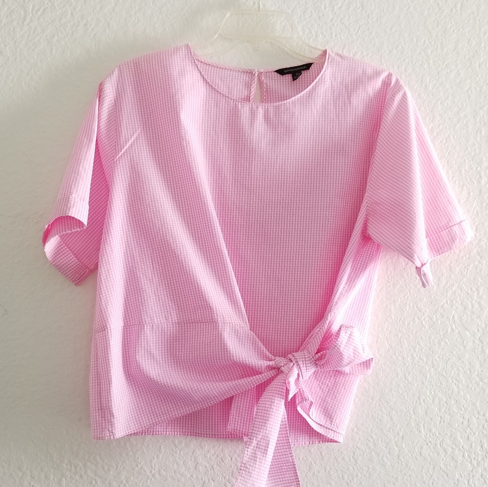 Banana Republic Gingham Round Neck Short Sleeve Cotton Top Pink Size S S…